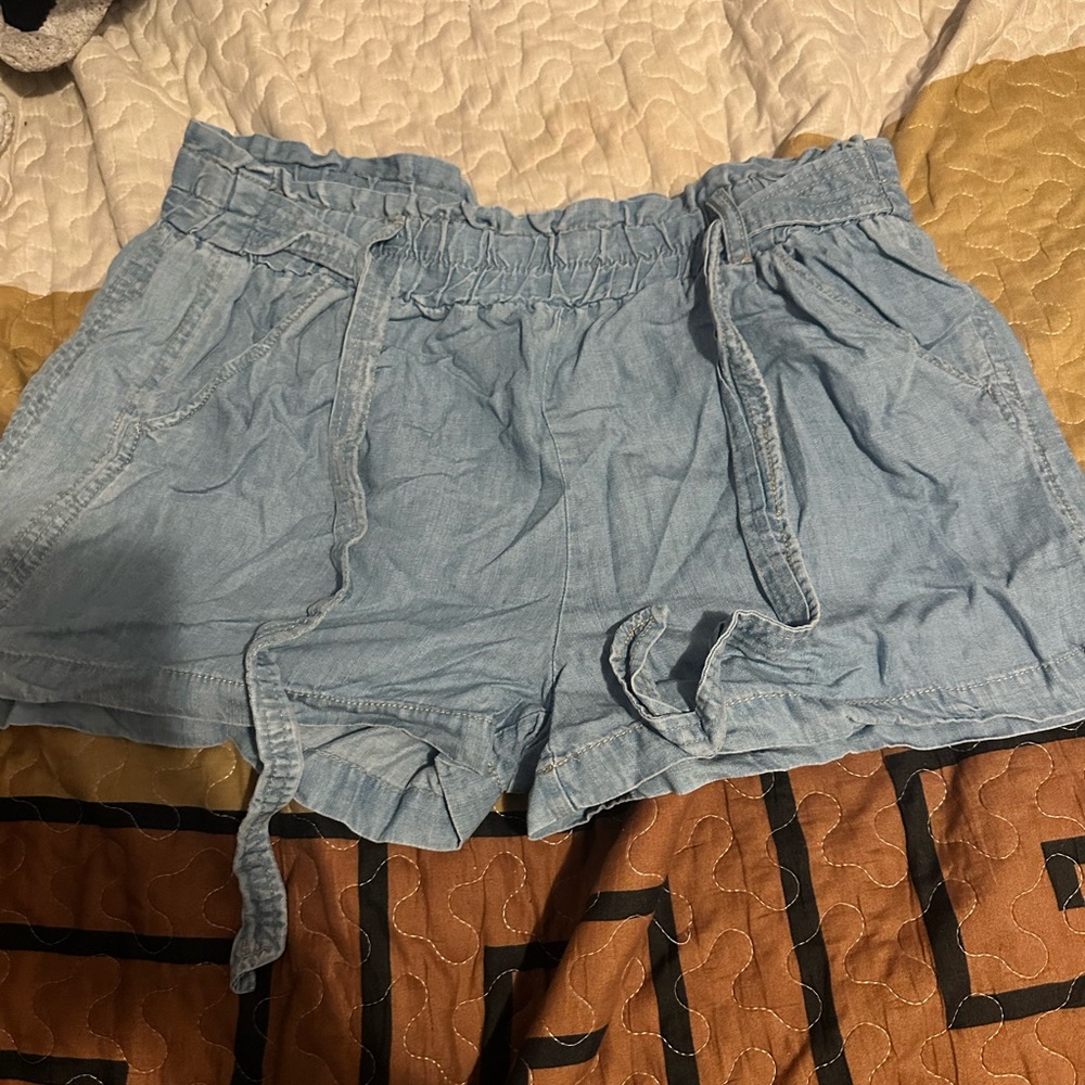 High Waist Blue Shorts with Elastic Waistband